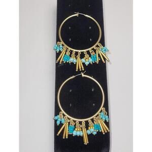Large Goldtone Hoop Hinged Earrings Turquoise Beaded Brass Dangle